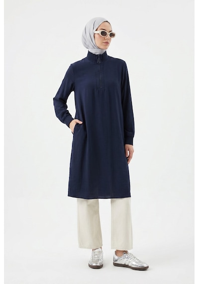 Armine Trend Yarım Fermuarlı Kolları Lastikli Çilek Kumaş Tunik Lacivert 26yt462