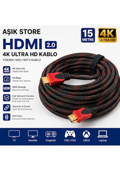 Hdmı 2.0 Kablo 15 Metre Örgülü Altın Uçlu 4k Ultra Hd 18gbps Hdr Yüksek Hızlı Tv Monitör Projeksiyon Ps5 Xbox Laptop