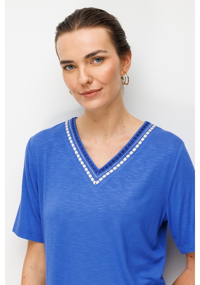 Kadın V Yaka Yakası İki Renkli İşlemeli Taşlı Penye T-shirt Saks Saks