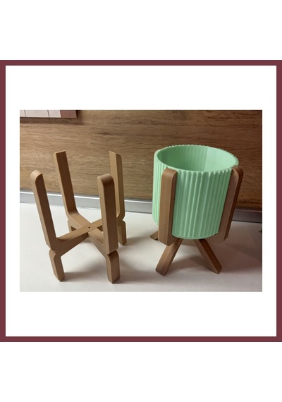 Storeşahin 3d Baskı Ayaklı Çizgili Saksı - Bej Standlı Dekoratif Saksı - Mint Shn0720