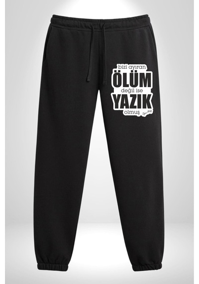 Angemiel Bizi Ayıran Ölüm Değilse Yazık Olmuş Yazılı 3 İplik Erkek Baskılı Siyah Eşofman Altı Siyah