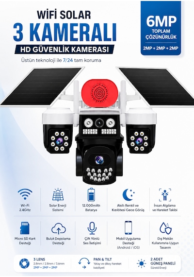 Linadex Lx-0991 Wifi Solar 3 Kameralı Hd Güvenlik Kamerası-çift Solar