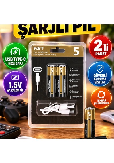 Usb Type-c Şarjlı Aa Kalem Pil 1.5v Lityum Hızlı Şarj 2 Li Paket