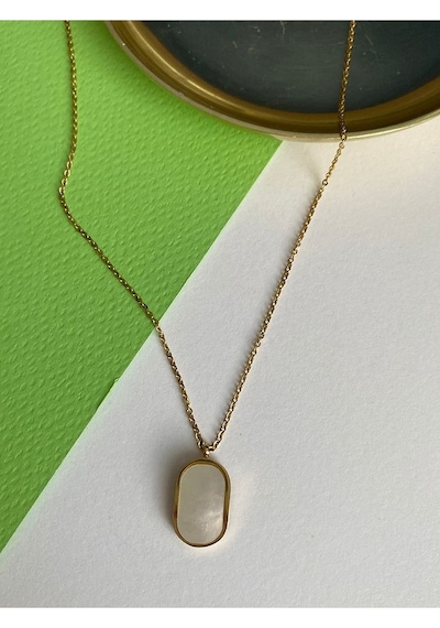 Sedefli Oval Kararmaz Çelik Kadın Gold Kolye Altın Sedefli Oval Kararmaz Çelik Kadın Gold Kolye Altın