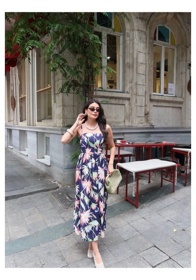 Kechi Woman Keten Desenli Omuz Bağlamalı Elbise Lacivert