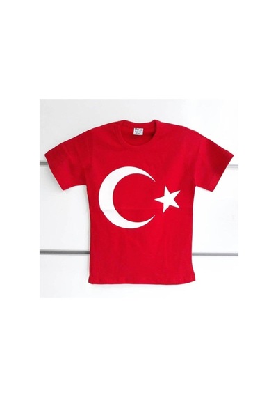 Bebegen Kırmızı Üzerine Beyaz Ay Yıldız 23 Nisan Kısa Kollu Çocuk Bayrak T-shirt Çok Renkli