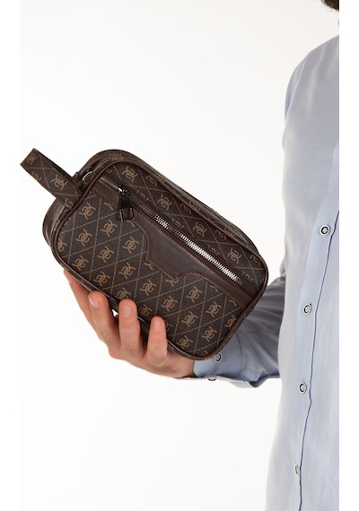Newish Polo Erkek Desenli Siyah Vegan Deri Portföy-clutch Traş/makyaj Ve El Çantası Günlük, Seyahat Kahverengi