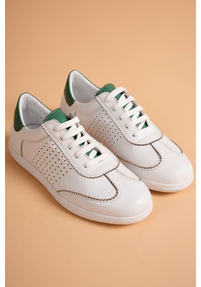 Analin Shoes Kadın Hakiki Deri Bağcıklı Süet Detaylı Spor Ayakkabı Beyaz - Yeşil