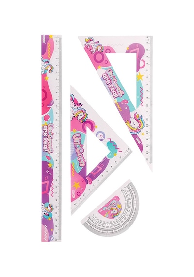 Unicorn Cetvel Takımı 30 Cm 1 Paket Cetvel Gönye İletki Şeffaf Çizim Takımı Pergelli Çizim Seti 4 Parça Kız Çocuk Çok Renkli