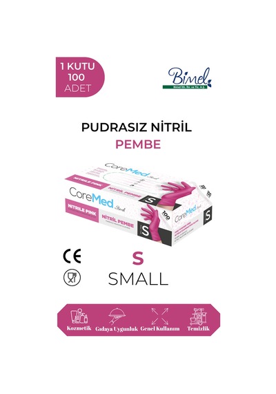 Nitril Pembe Pudrasız Muayene Eldiveni S - 1 Paket 100 Lü