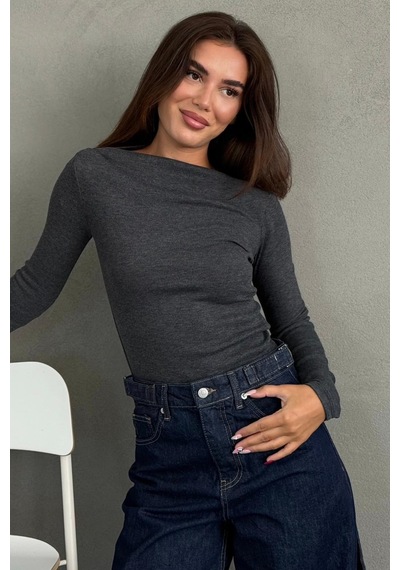 Madmext Antrasit Kayık Yaka Fitilli Slim Fit Kadın Bluz Mg2909