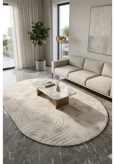Modern Oval Halı Bambu Dokulu Kaymaz Taban Yumuşak Salon Yatak Odası Halısı Kahve 5001