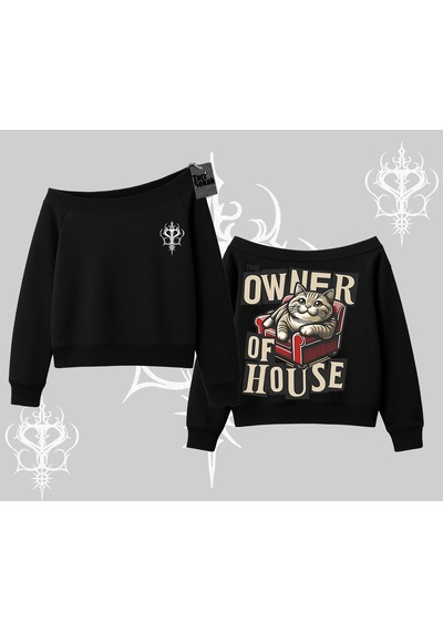 Startmore The Owner Of House Kedi Arka Baskılı Kayık Yaka Sweatshirt Siyah