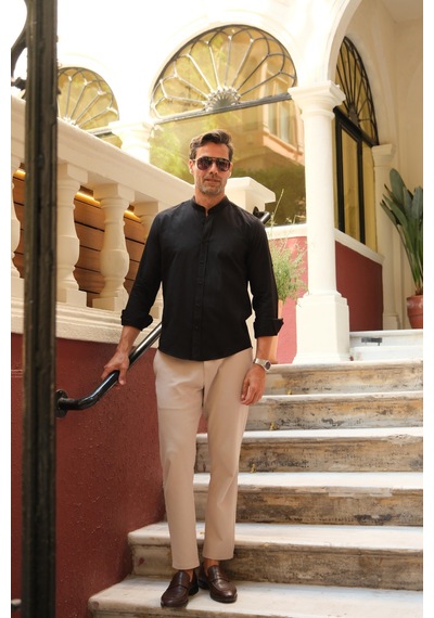 Hakim Yaka Slim Fit Keten Hediye Kutulu Erkek Gömlek Fs-003042 - Siyah-2193