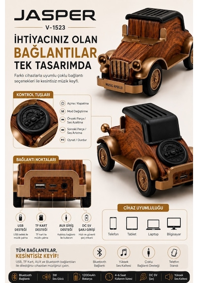 Jasper Jpr-1523 Dekoratif Bluetooth Hoparlör Telefon Standı Retro Klasik Araba Tasarım 3w 1200 Mah
