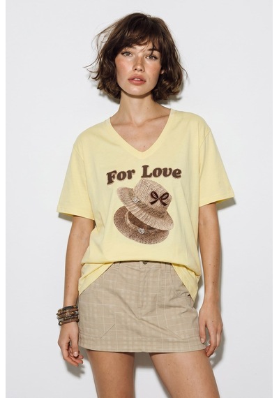 Kadın V Yaka For Love Nakış Ve Boncuk İşlemeli Oversize T-shirt 2240 60286329 - Açık Sarı
