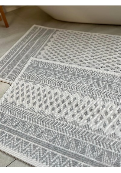 Tapis Bukle Doğal Pamuklu 2'li Banyo Paspas & Halı Seti 60x100+50x60 Cm - Gri Gri