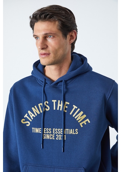 Grimelange WULF Erkek Organik Kumaşlı İçi Polarlı Yumuşacık Kanguru Cepli Kapüşonlu Lacivert Sweatshirt