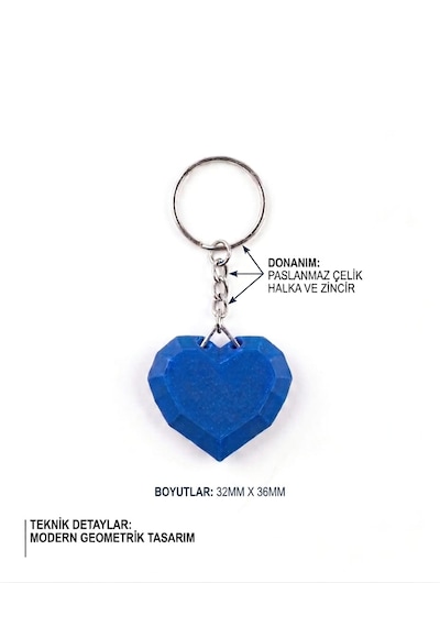 Geometrik Kalp 3d Anahtarlık & Çanta Süsü Mavi