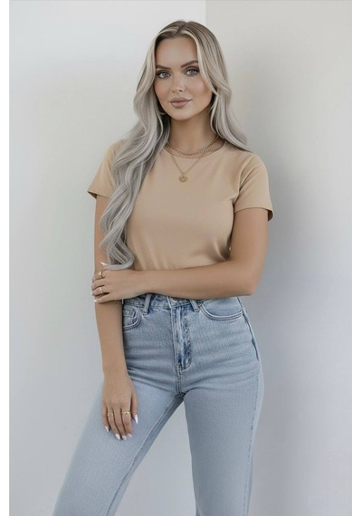Hashtag Kadın Bisiklet Yaka Kısa Kollu Body Basic Tişört Viskon Kumaş Bej