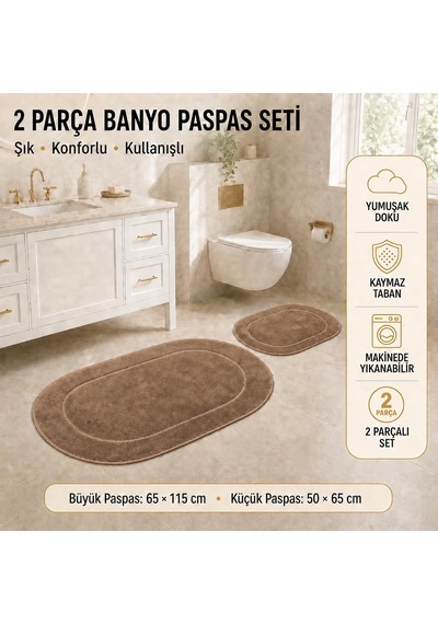 Rixos 2'li Banyo Halısı Paspası Seti Kaymaz Tabanlı Klozet Takımı, A.kahve Diğer