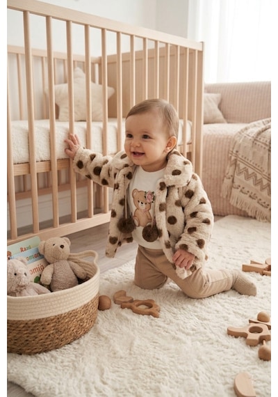 Ahengim Minik Ayıcık Baskılı Puanlı Yumuşak Dokulu Peluş Montlu 3 Lü Kız Bebek Set Takım Ak8534 Bej