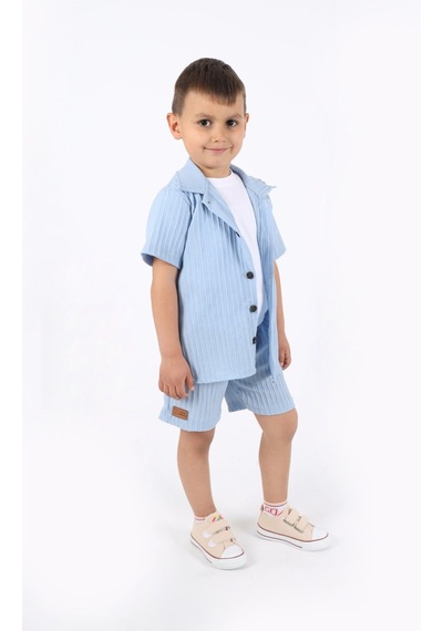 Aden Kids Erkek Çocuk Gömlek+sweatshirt Ve Cepli Şort Alt Üst Takım --ütü İstemez-- Mavi