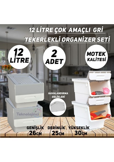Technow Motek Freebox 12 Litre Gri Beyaz Gri Tekerlekli Organizer  2 Adet + Temizlik Seti