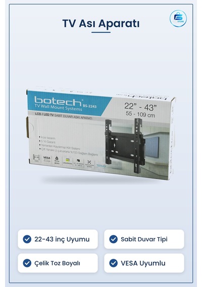 Tv Askı Aparatı Sabit Duvar Tipi 43 İnç 55x109 Cm Çelik Toz Boyal