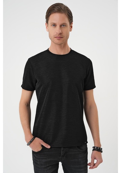 Efor Comfort Fit Bisiklet Yaka Viskon Karışımlı Dokulu Casual Siyah Tişört Ts 896 Siyah