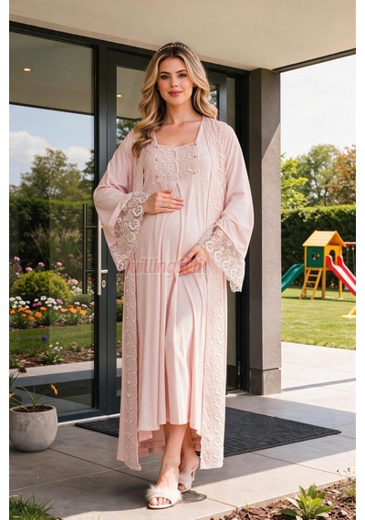 Lady Pembe Renk Dantel Detaylı 33501 Sabahlıklı 2li Hamile Gecelik Takım Set Açık Pembe