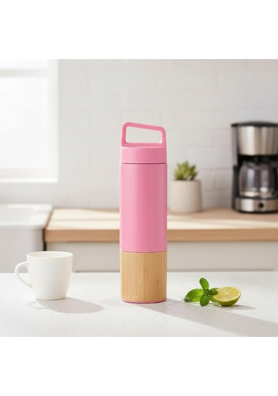 600 Ml Bambu Tabanlı Kulplu Çelik Termos Mug - 5 Renk Seçenekli Sıcak/soğuk Tutucu Seyahat Bardağı Pembe Çok Renkli