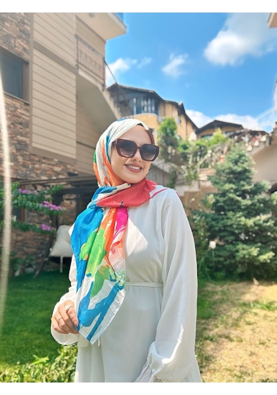 Moda Kaşmir Palet Desen Bambu Eşarp Beyaz-Mavi