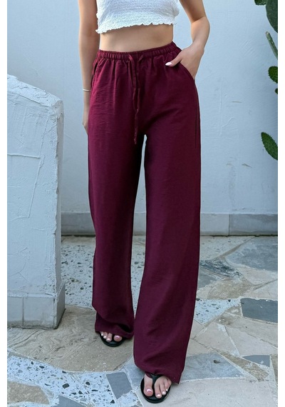 La & Vetta Pembe Keten Karışımlı Bol Kesim Pantolon Bordo