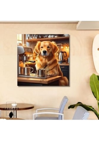 Kare Kanvas Kahve Köşesi Cafe Tablosu Barista Golden Retriever, 70 X 70 -