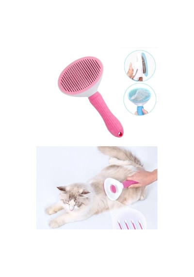 Kedi Köpek Tarağı - Otomatik Temizlenen Düğmeli Evcil Hayvan Tarağı Fırçası - Pembe
