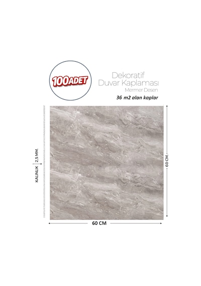 60x60 Cm Kendinden Yapışkanlı Duvar,banyo,tezgah Arası Gri Mermer-100 Adet 8808-60-100