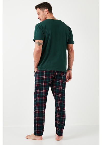 Buratti Ekoseli Pamuklu Beli Lastikli Regular Fit Kısa Kollu Erkek Pijama Takımı 6572004 Yeşil