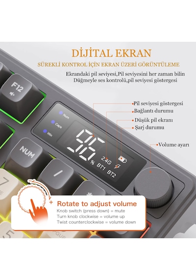 2.4g Bluetooth 5.0 Çift Bağlantılı Gaming Kablosuz Oyuncu Klavyesi Led Ekran Pbt Top Baş