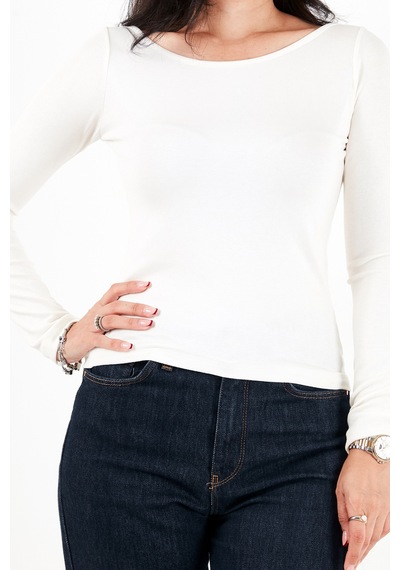 Lela Kayık Yaka Basic Uzun Kollu Bluz Kadın Bluz 5867061 Ekru