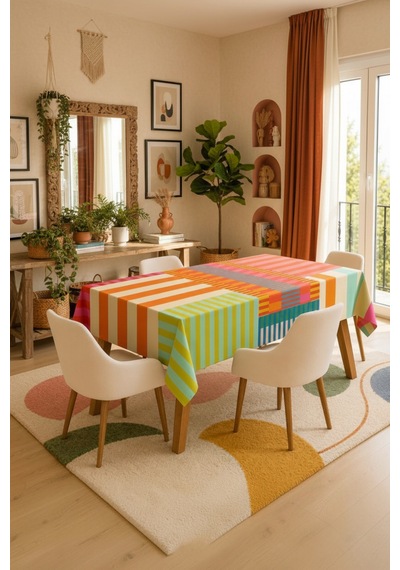 Vivanni Home Yıkanabilir Dikdörtgen Masa Örtüsü Günlük Kullanıma Uygun Pratik Ve Uzun Ömürlü Rengarenk Çizgili