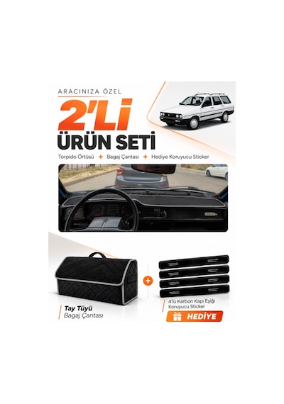 Renault 12 Toros Kapaksız 1969-2000 Uyumlu Torpido Örtüsü + Tay Tüyü Çanta Seti - Siyah Gri