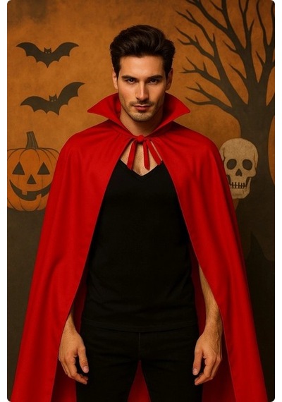 Yetişkin Kırmızı Yakalı 120 Cm Vampir Pelerini Ve Kanlı Kafatası Maskesi Seti Halloween Kostüm