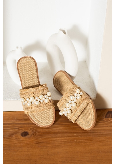 Dabab Shoes Mınoa Kadın İnci Detaylı Hasır Dokulu Düz Bej Terlik