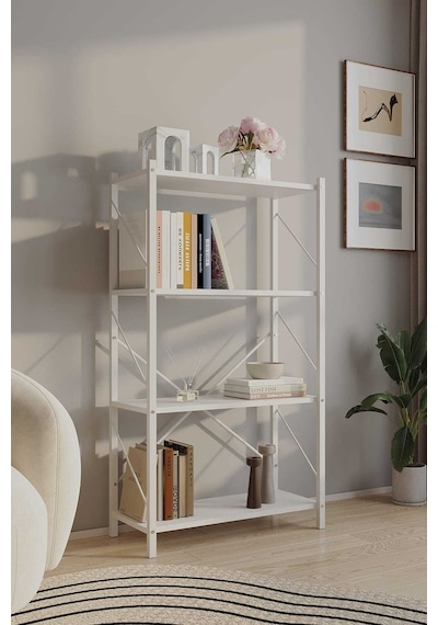 Dört Katli Çok Amaçli Rafli Kitaplik Beyaz Profil Beyaz Sunta 60x24x115 Cm Mtl021