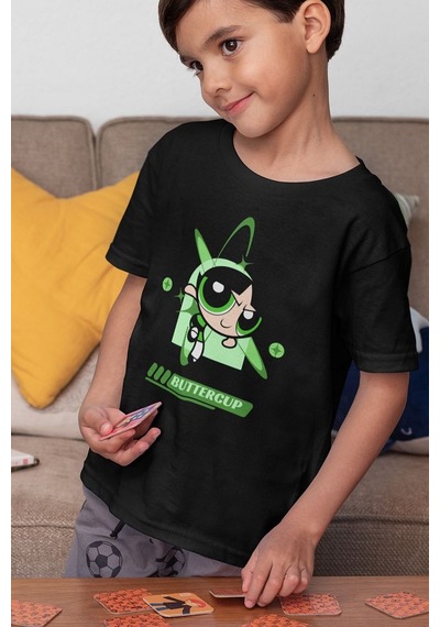 Sevbano Buttercup Baskılı Unisex Power Puff Girls Çizgi Film Çocuk Tişört Siyah