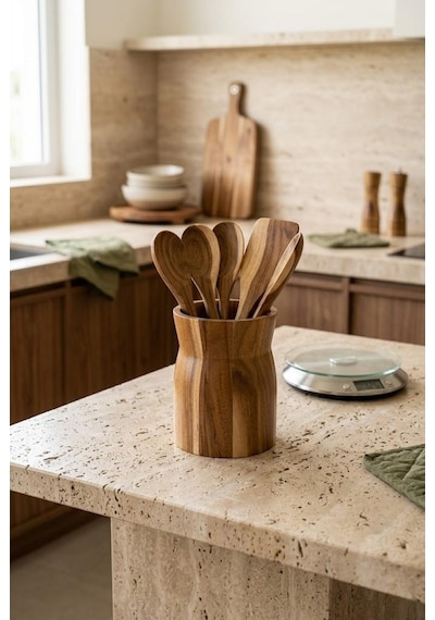 Akasya Ahşap Kaşıklık 13x9.5 Cm - Tezgah Üstü Spatula Kepçe Standı Ve Dekoratif Vazo