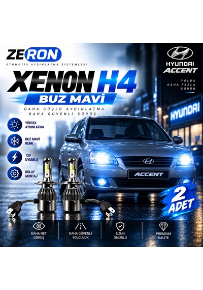 Hyundai Accent Xenon H4 Buz Mavi Led Far Ampulü 12v - 2 Adet Yüksek Aydınlatma Kolay Montaj