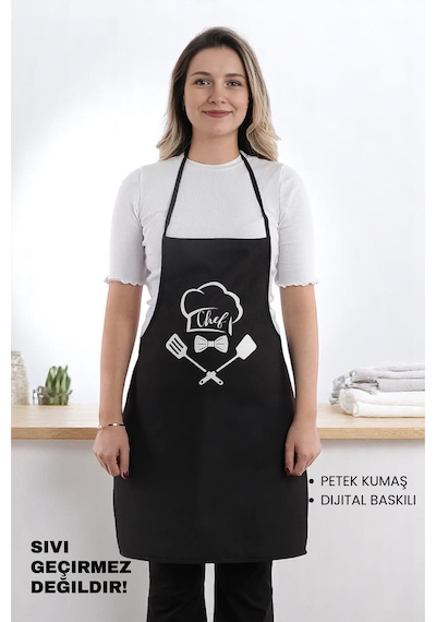 Siyah Chef Leke Tutmaz Kumaş Mutfak Önlüğü Siyah2