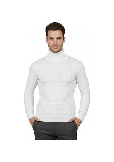 Deepsea Erkek Beyaz Kare Desenli Balıkçı Yaka Slim Fit Boğazlı Triko Kazak 2505493 Beyaz